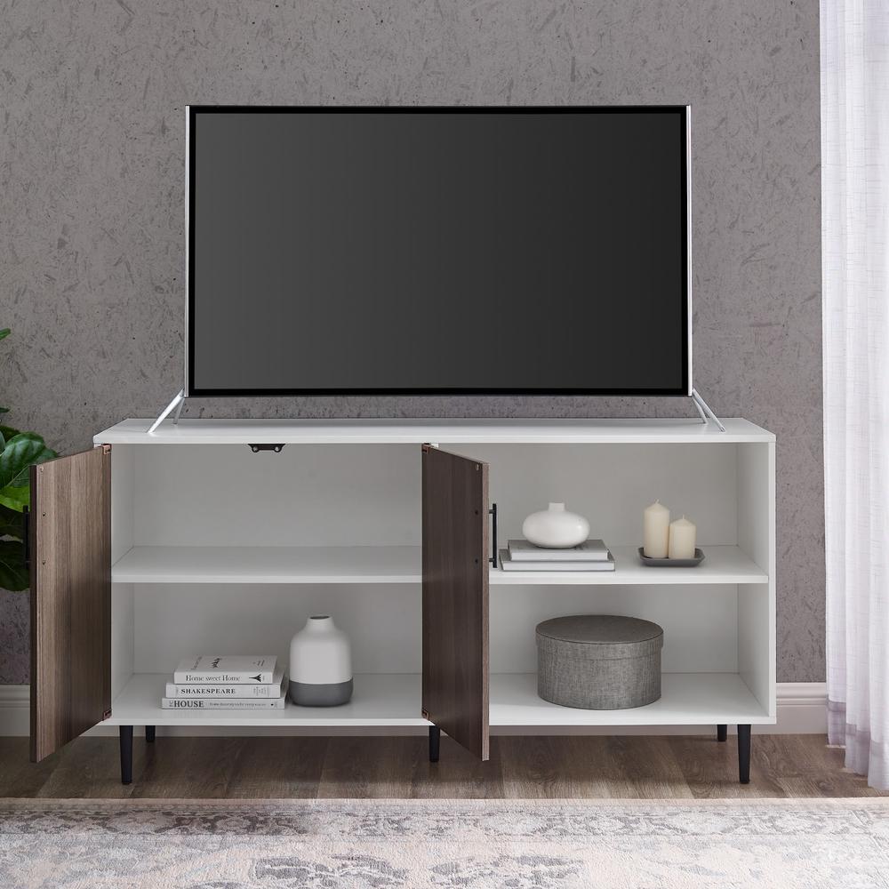 Hampton 58" Mid Century Modern Bookmatch Asymmetrical TV Stand - Ash Brown Bookmatch/Solid White. Picture 3