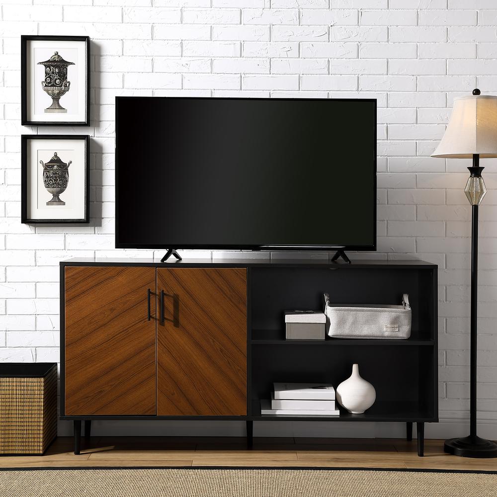 58" Bookmatch Asymmetrical TV Stand Console- Black. Picture 4
