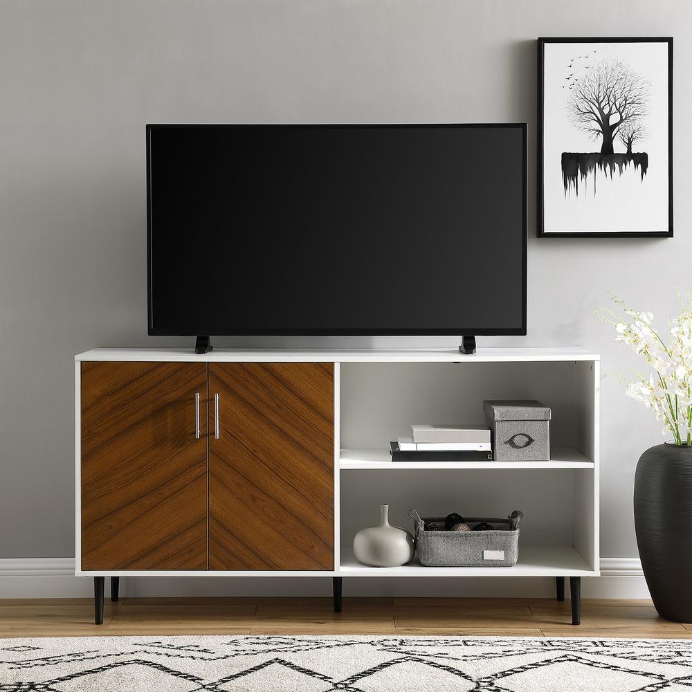 58" Bookmatch Asymmetrical TV Stand Console- White. Picture 3
