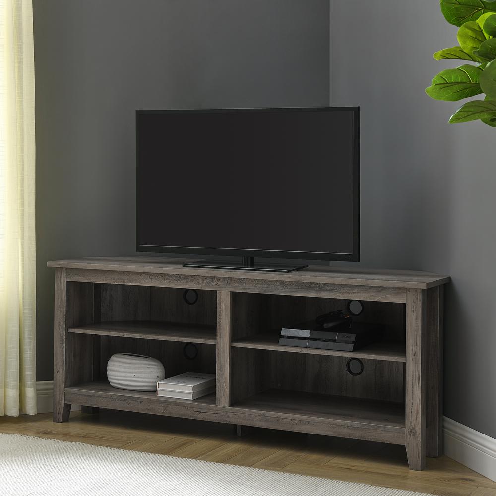 58" Transitional Wood Corner TV Stand - Grey Wash. Picture 1