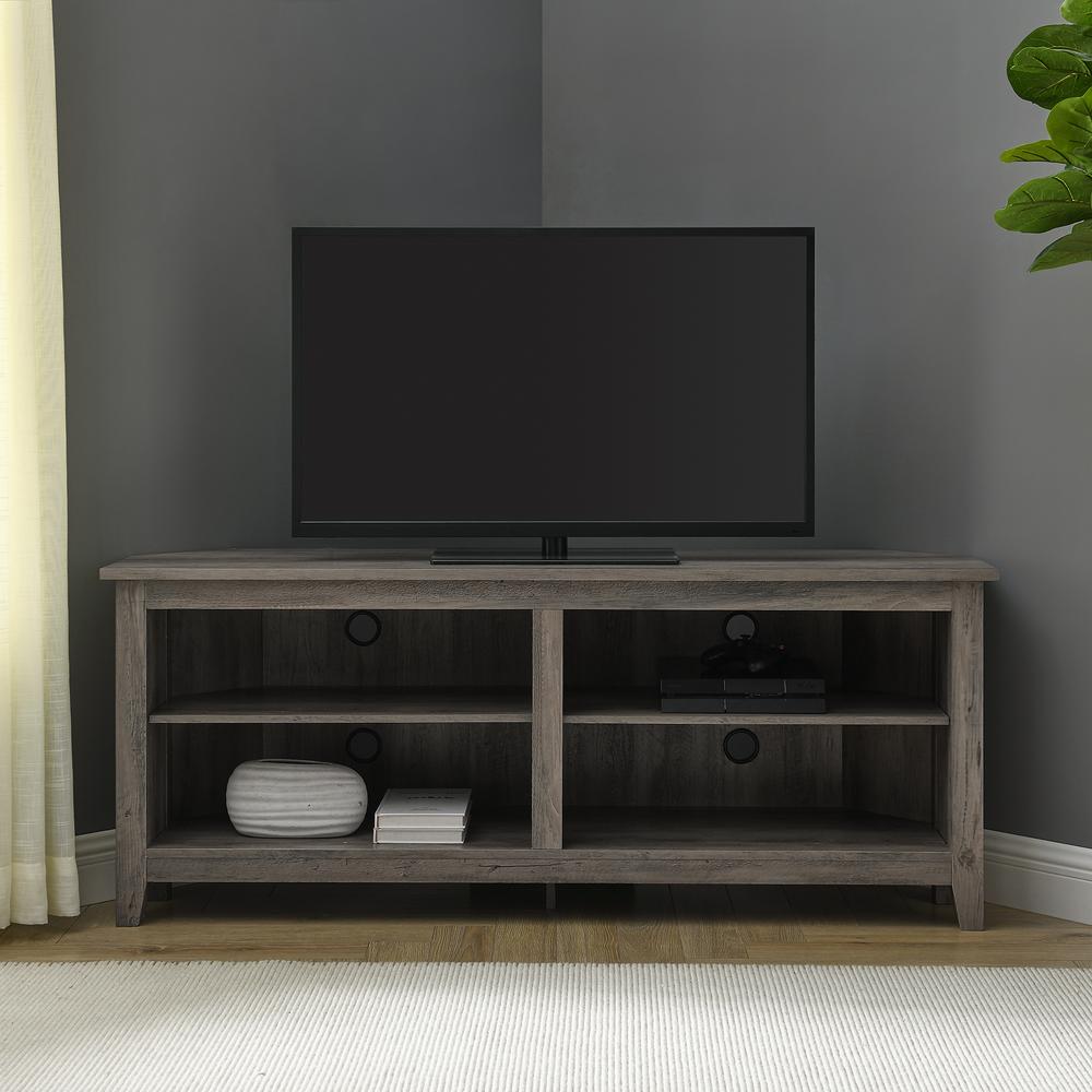 58" Transitional Wood Corner TV Stand - Grey Wash. Picture 2