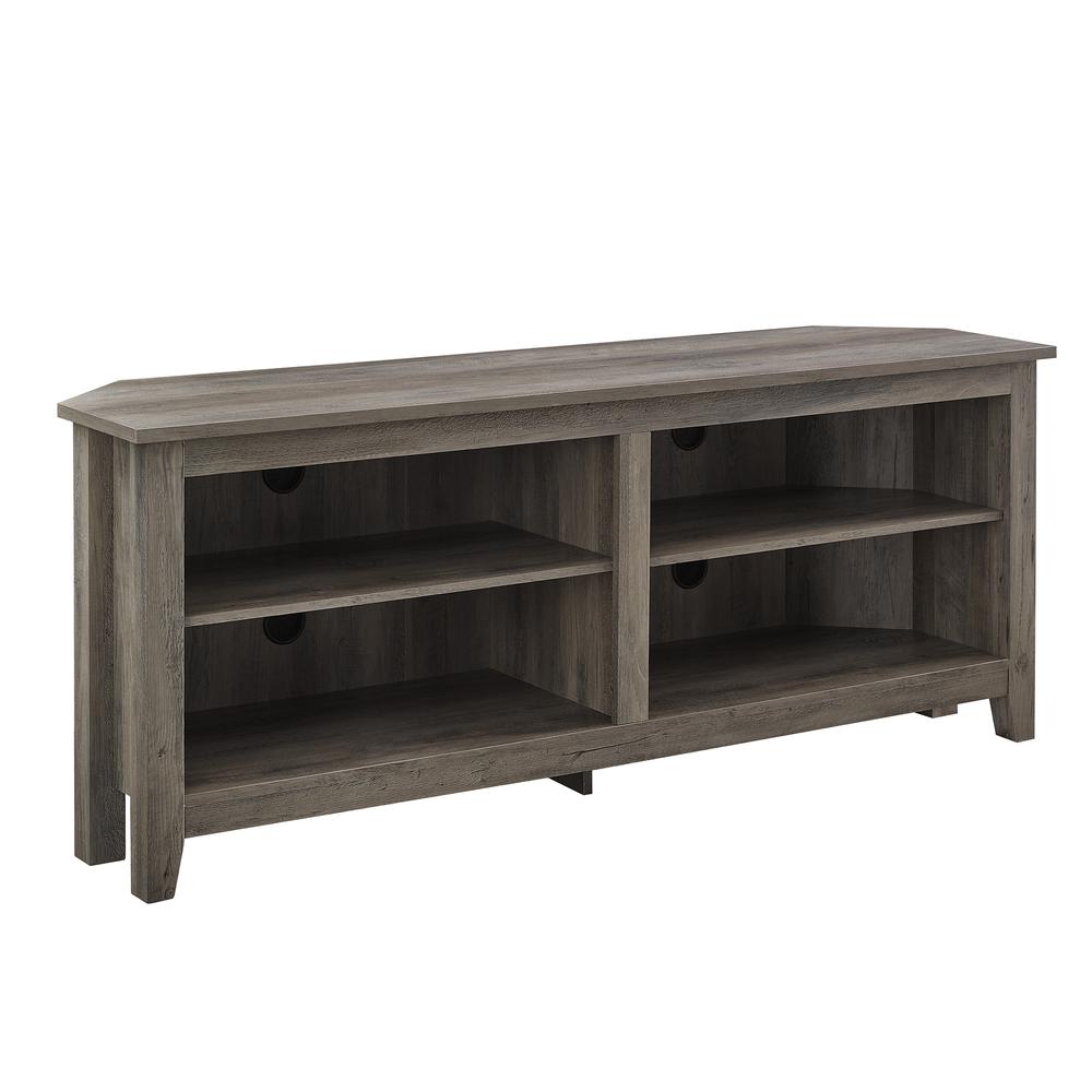 58" Transitional Wood Corner TV Stand - Grey Wash. Picture 3