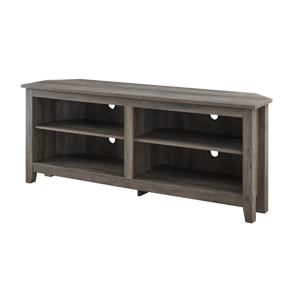 58" Transitional Wood Corner TV Stand - Grey Wash. Picture 4