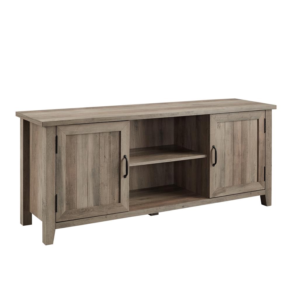 58" Modern Farmhouse TV Stand with Beadboard Doors - Grey Wash. Picture 2