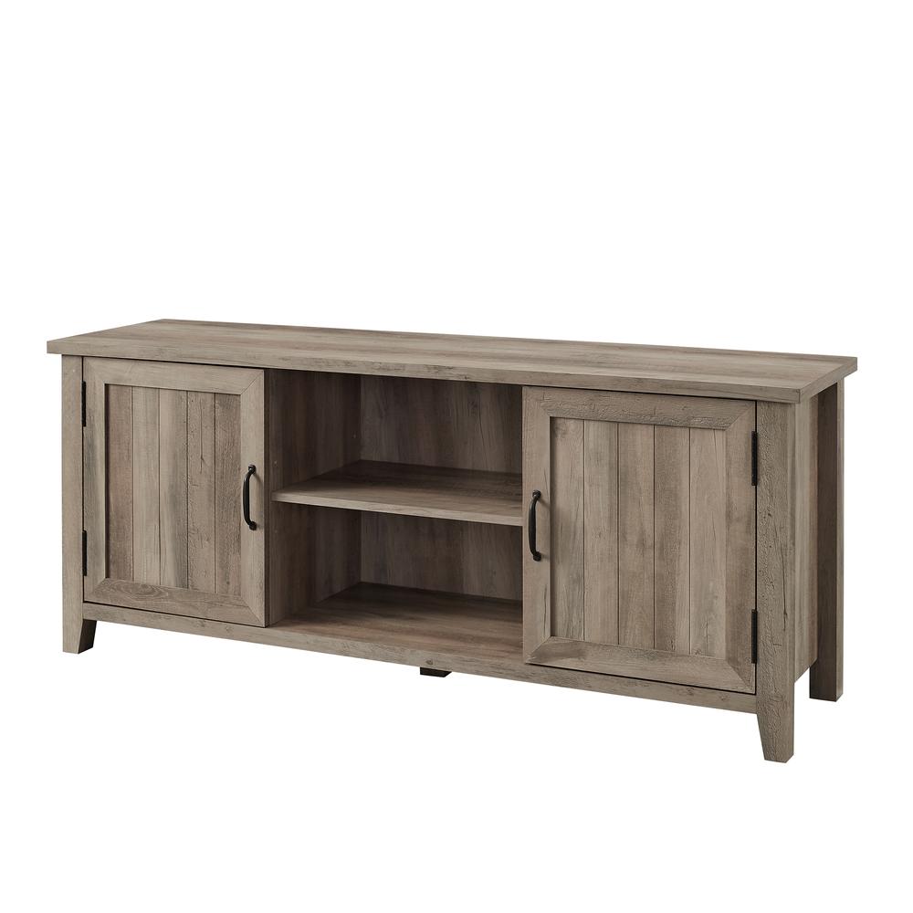 58" Modern Farmhouse TV Stand with Beadboard Doors - Grey Wash. Picture 3
