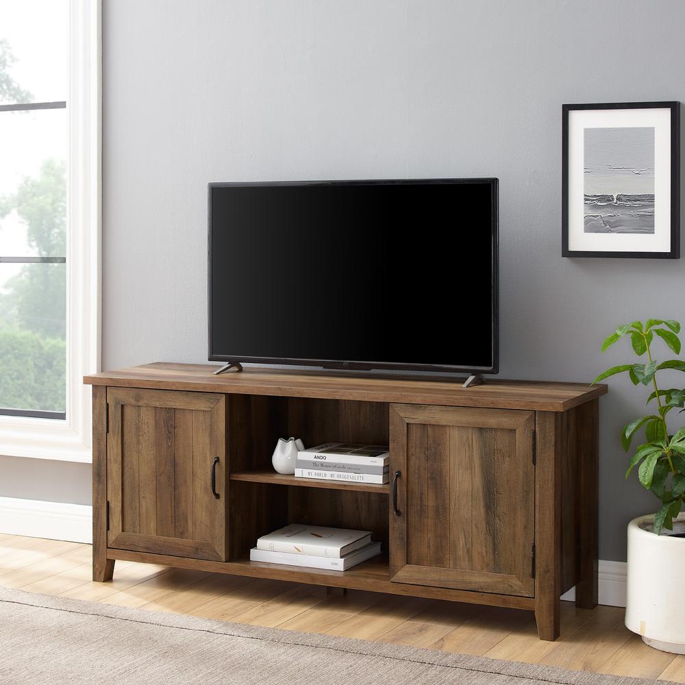 58" Modern Farmhouse TV Stand with Beadboard Doors - Rustic Oak. Picture 2