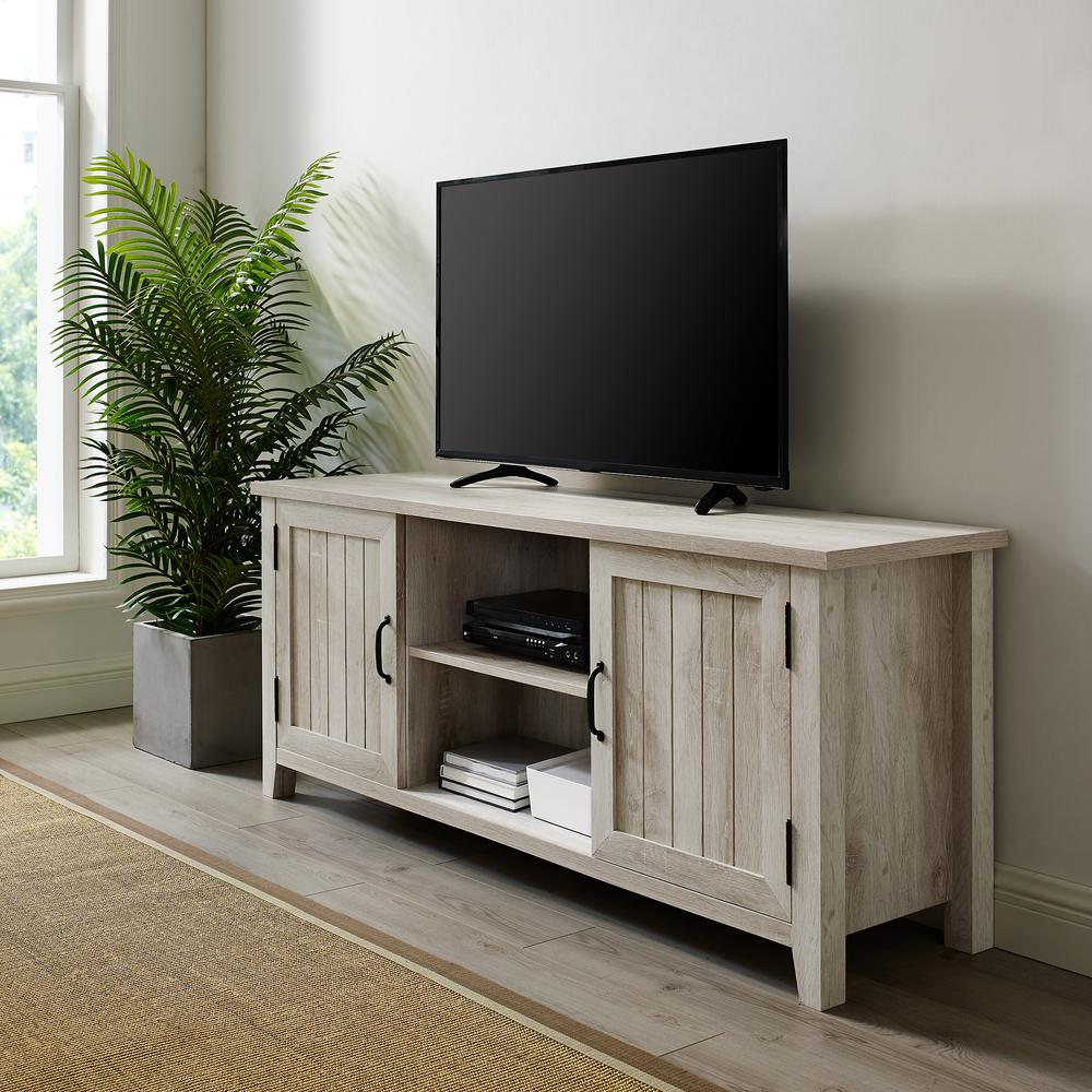 58" Modern Farmhouse TV Stand with Beadboard Doors - White Oak. Picture 2
