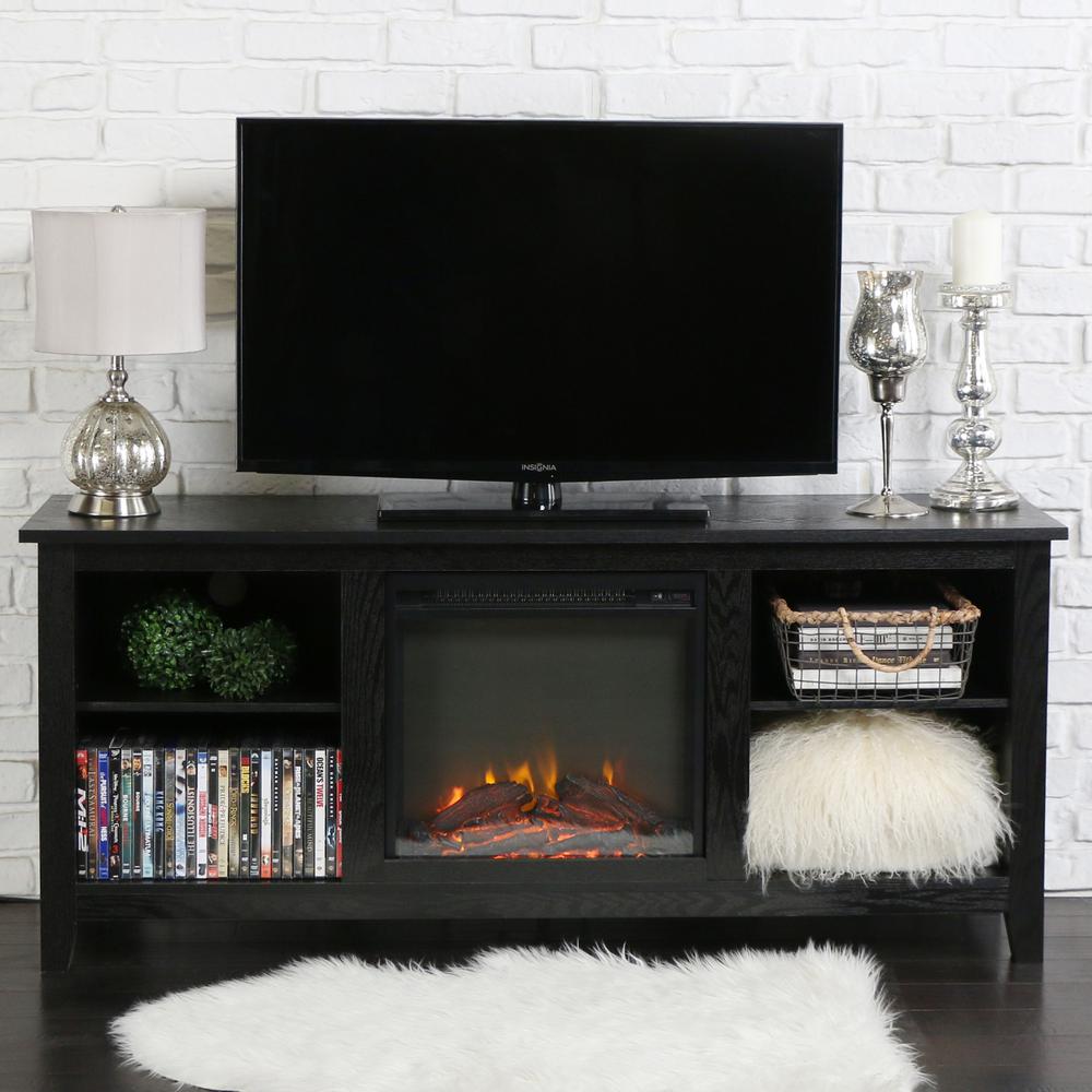 58" Black Wood TV Stand w/Fireplace Insert. Picture 2