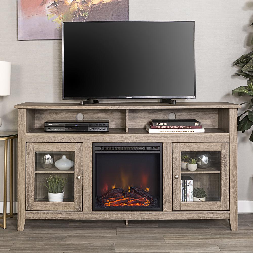 58" Wood Fireplace TV Stand - Driftwood. Picture 1