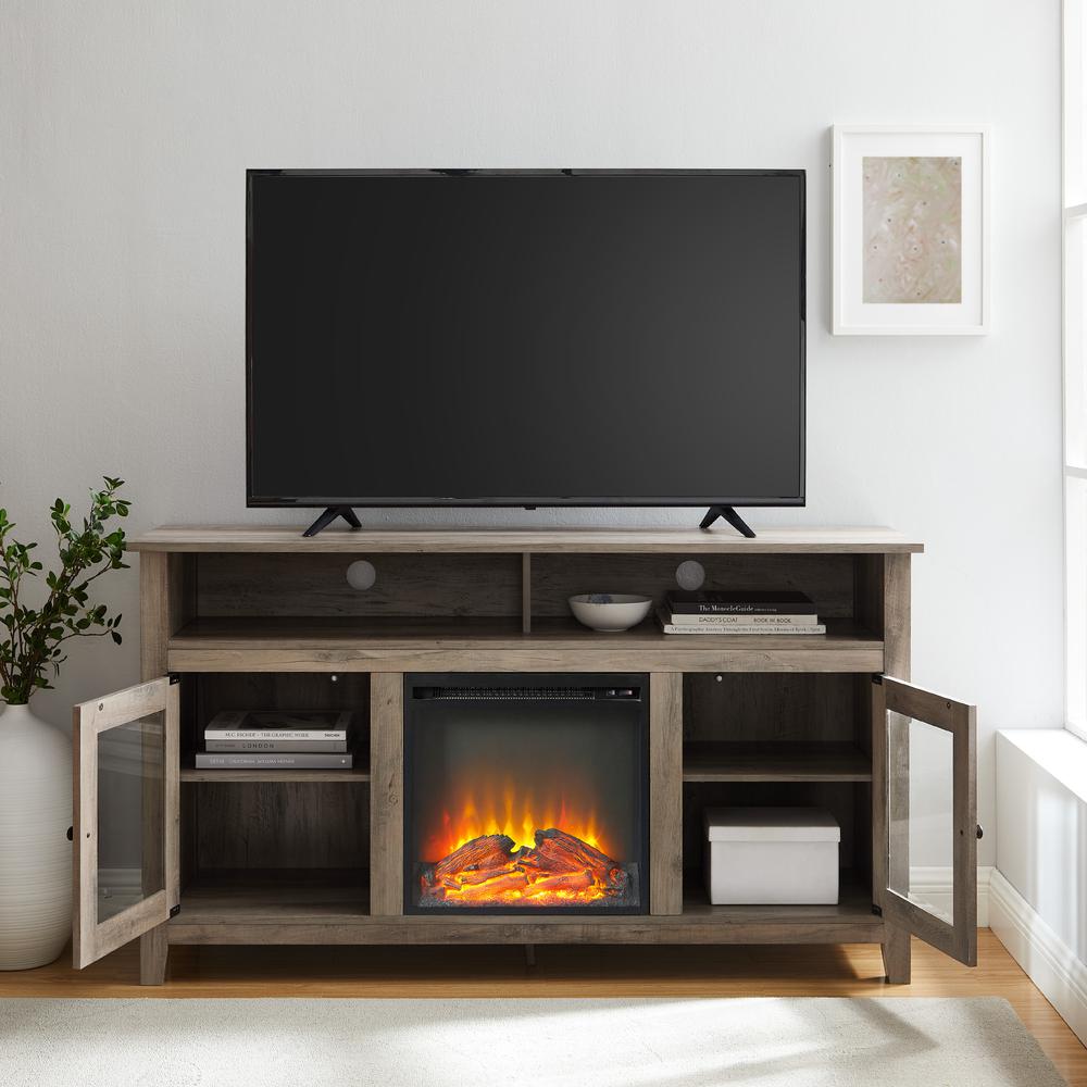 58" Transitional Fireplace Glass Wood TV Stand - Grey Wash