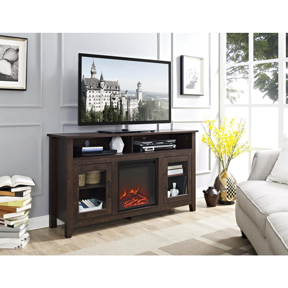 58" Wood Highboy Fireplace Media TV Stand Console - Traditional Brown. Picture 2