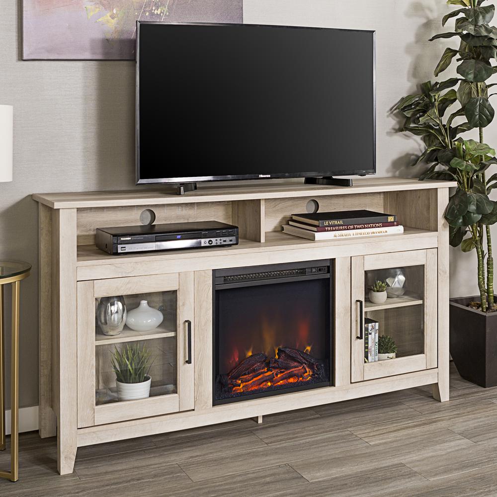 58" Wood Highboy Fireplace Media TV Stand Console - White Oak. The main picture.