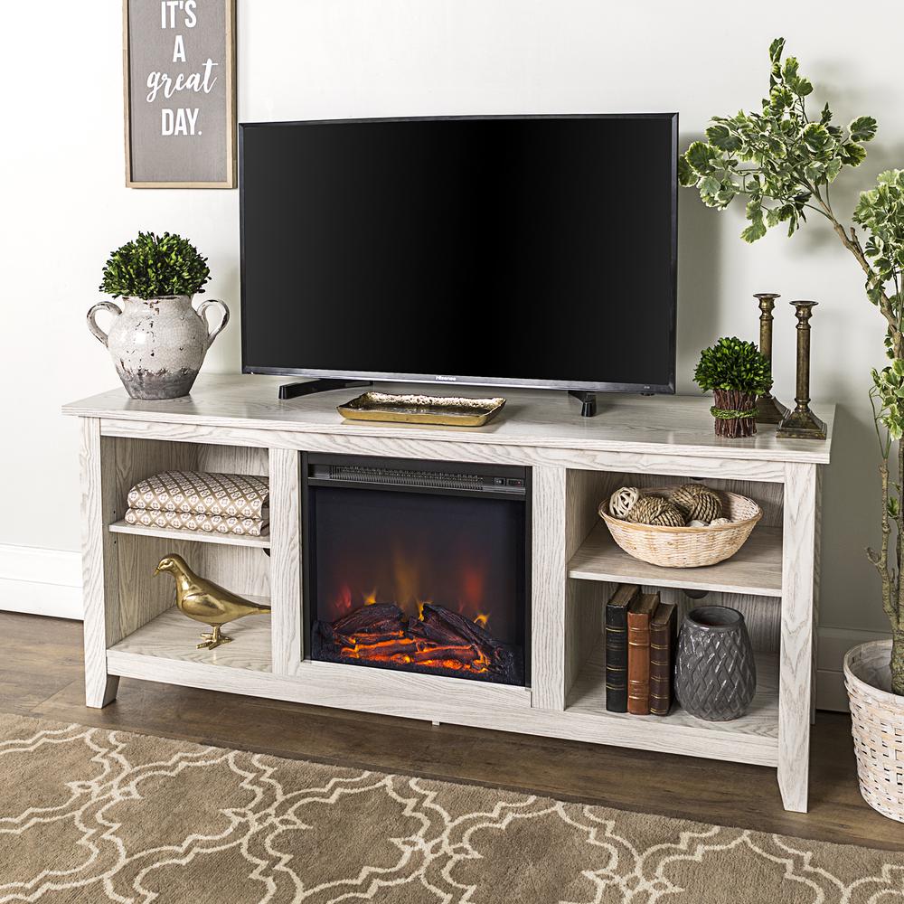 58" White Wood Fireplace TV Stand. Picture 1