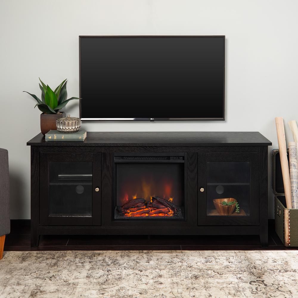 58" Black Wood Fireplace TV Stand with Doors. Picture 2