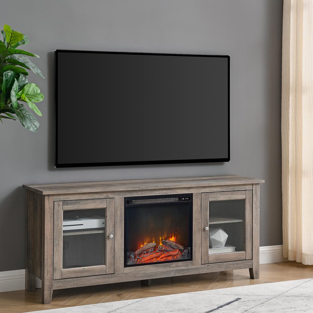 58" Wood Media TV Stand Console with Fireplace - Grey Wash. Picture 1