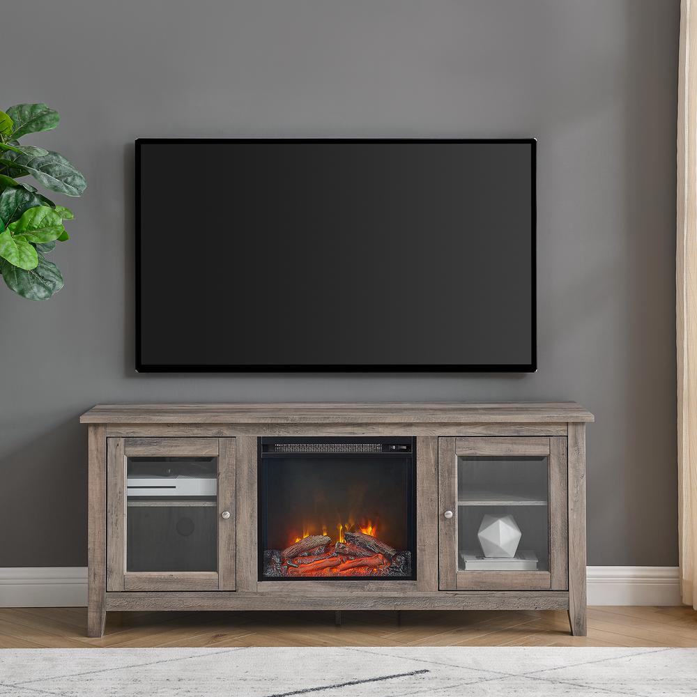 58" Wood Media TV Stand Console with Fireplace - Grey Wash. Picture 2