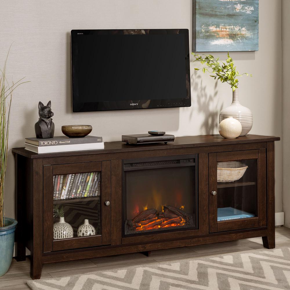 58" Wood Media TV Stand Console with Fireplace - Traditional Brown. Picture 1