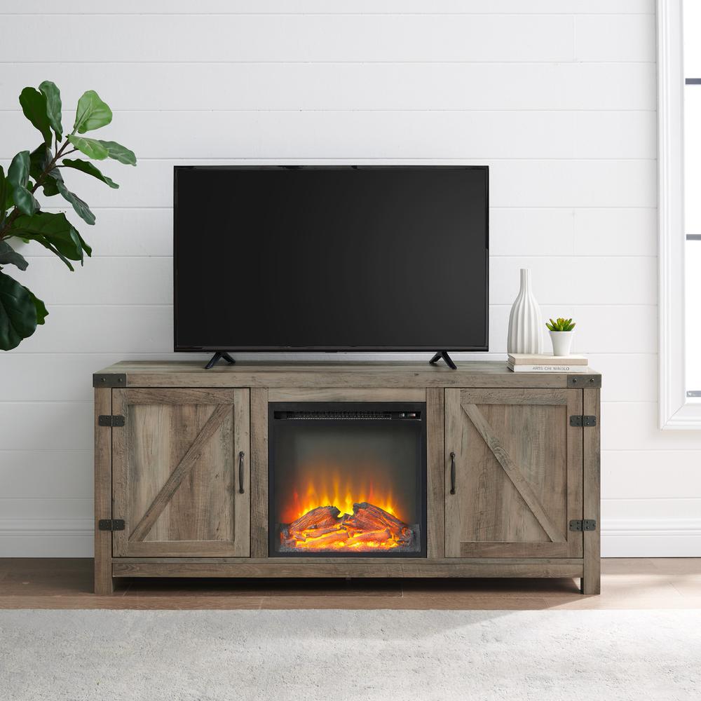 58" Barn Door Fireplace TV Stand - Grey Wash. Picture 1