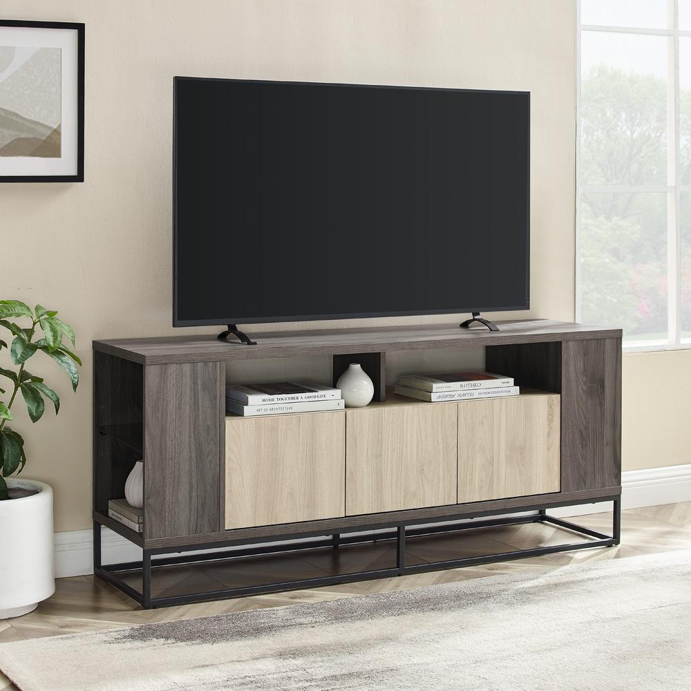 Contemporary 3-Door Metal and Wood TV Stand for TVs up to 65” – Birch/Slate Grey. Picture 1