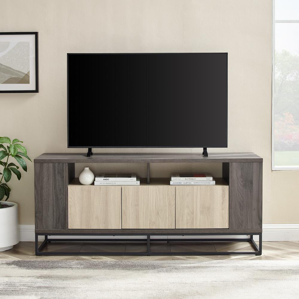 Contemporary 3-Door Metal and Wood TV Stand for TVs up to 65” – Birch/Slate Grey. Picture 2