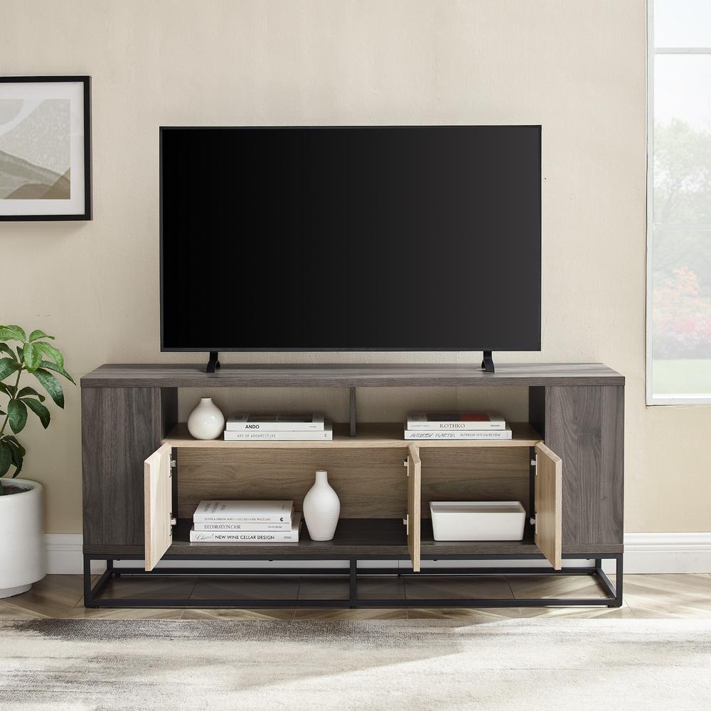 Contemporary 3-Door Metal and Wood TV Stand for TVs up to 65” – Birch/Slate Grey. Picture 3