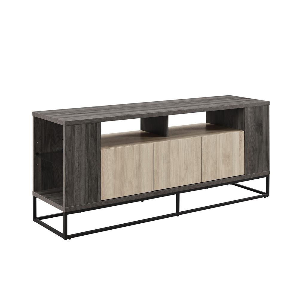 Contemporary 3-Door Metal and Wood TV Stand for TVs up to 65” – Birch/Slate Grey. Picture 5
