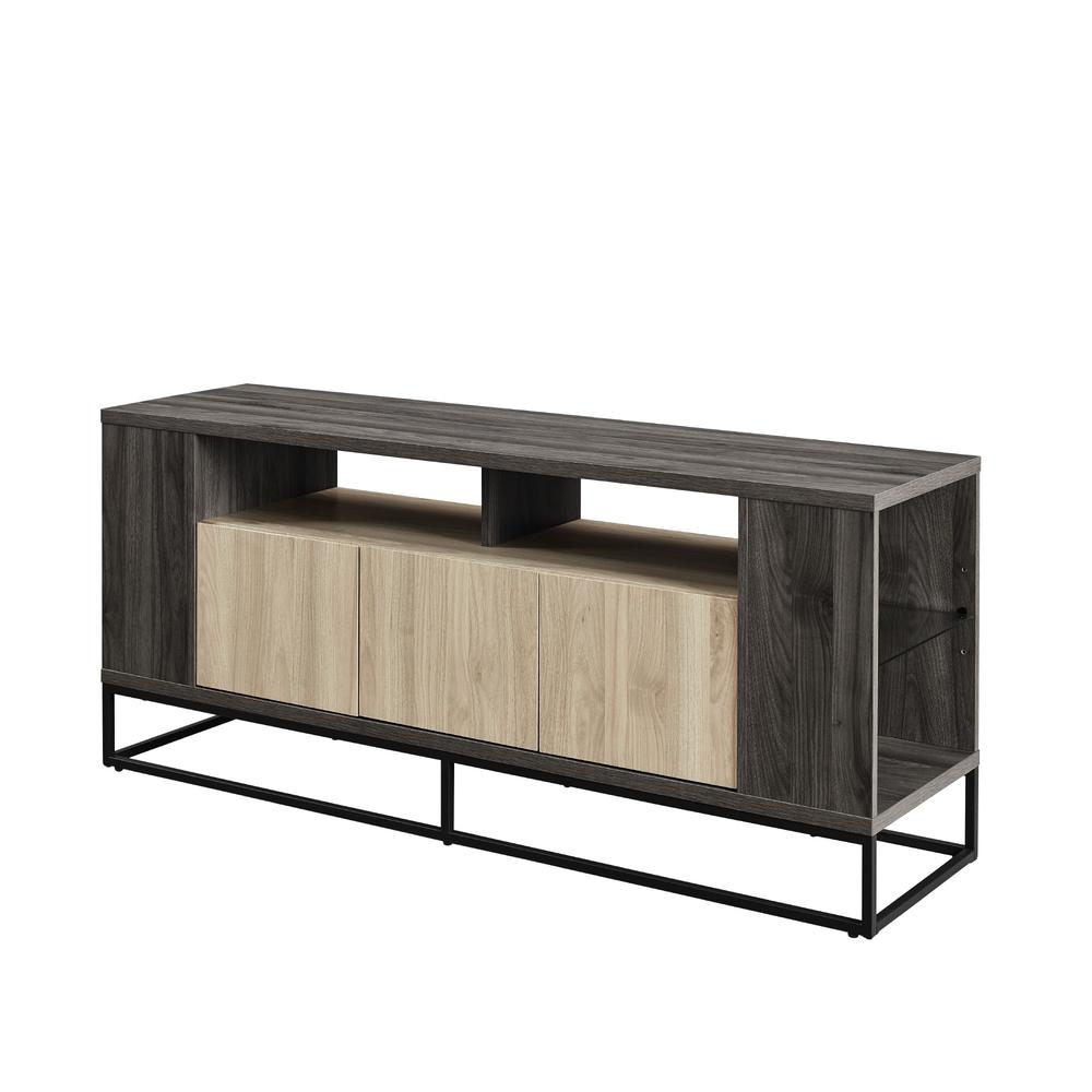 Contemporary 3-Door Metal and Wood TV Stand for TVs up to 65” – Birch/Slate Grey. Picture 6