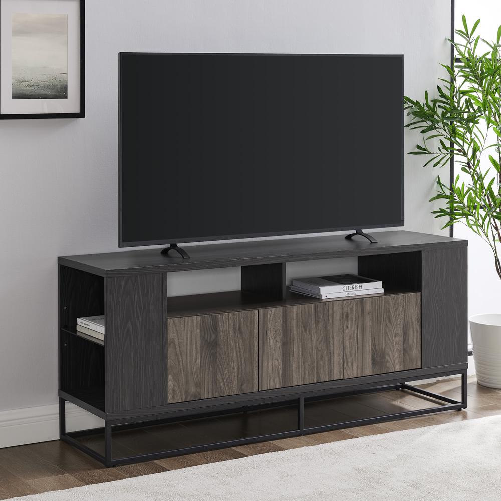 Contemporary 3-Door Metal and Wood TV Stand for TVs up to 65” – Slate Grey/Graphite. Picture 1