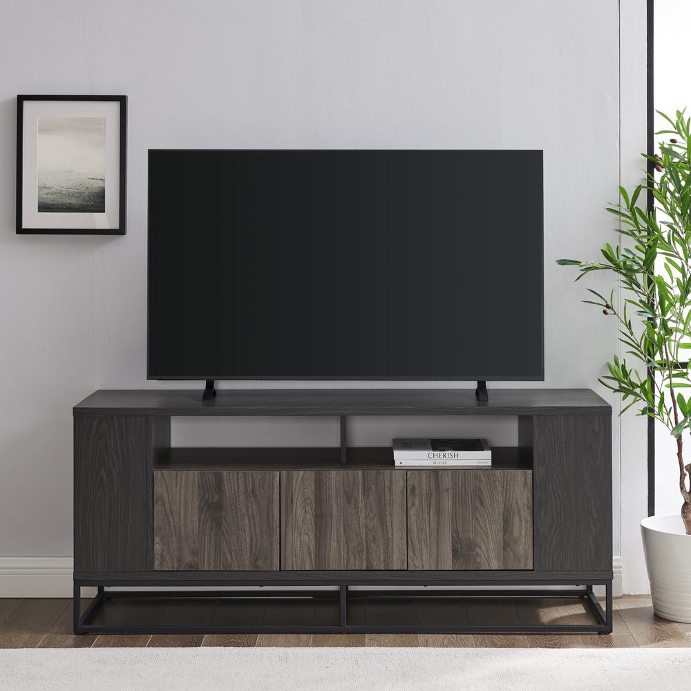 Contemporary 3-Door Metal and Wood TV Stand for TVs up to 65” – Slate Grey/Graphite. Picture 2