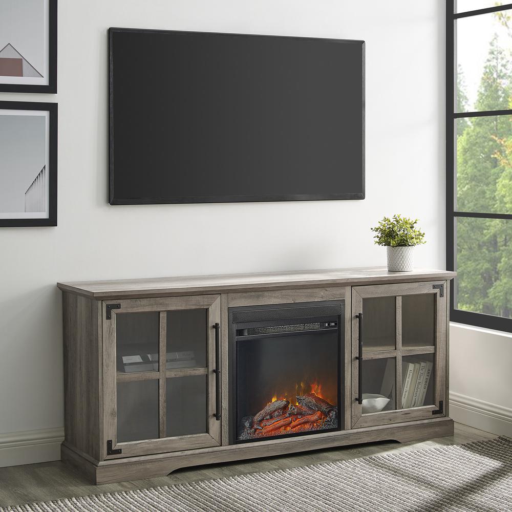 60" 2 Door Fireplace Console - Grey Wash. Picture 6