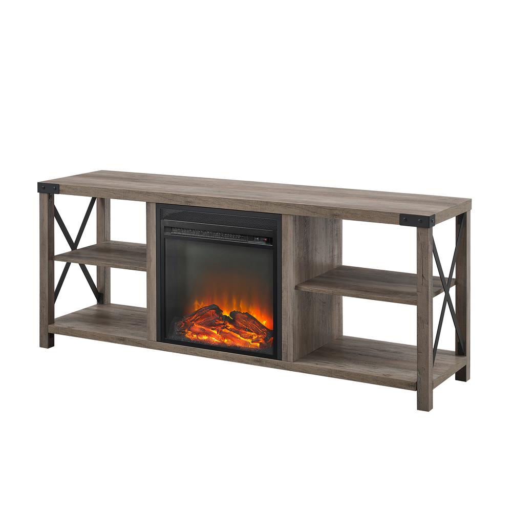60" Farmhouse Metal X Fireplace Console - Grey Wash. Picture 12
