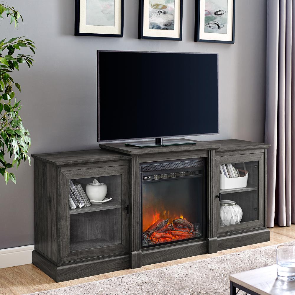 60" Classic Tiered Top Fireplace TV Console - Slate Grey. Picture 2