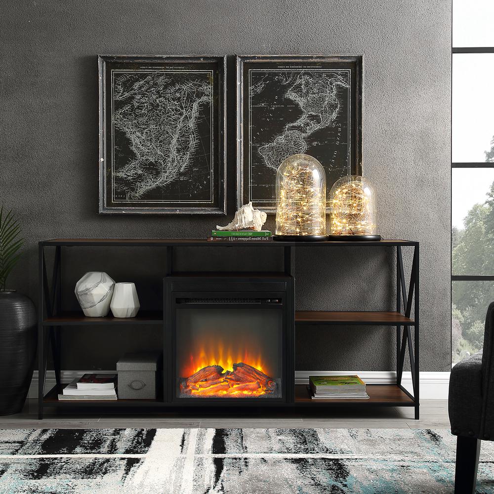 60" Urban Industrial X-Frame Open Shelf Fireplace TV Stand Storage Console - Dark Walnut. Picture 2