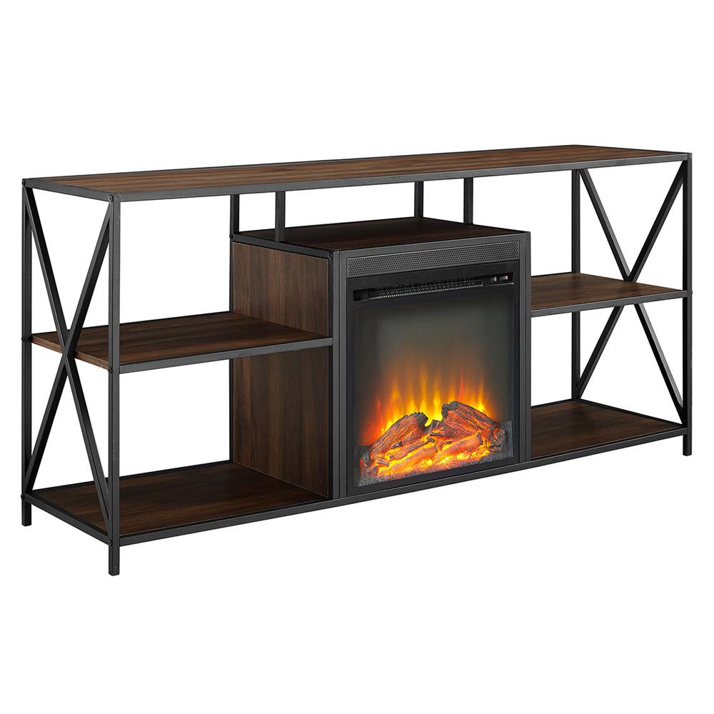 60" Urban Industrial X-Frame Open Shelf Fireplace TV Stand Storage Console - Dark Walnut. Picture 1