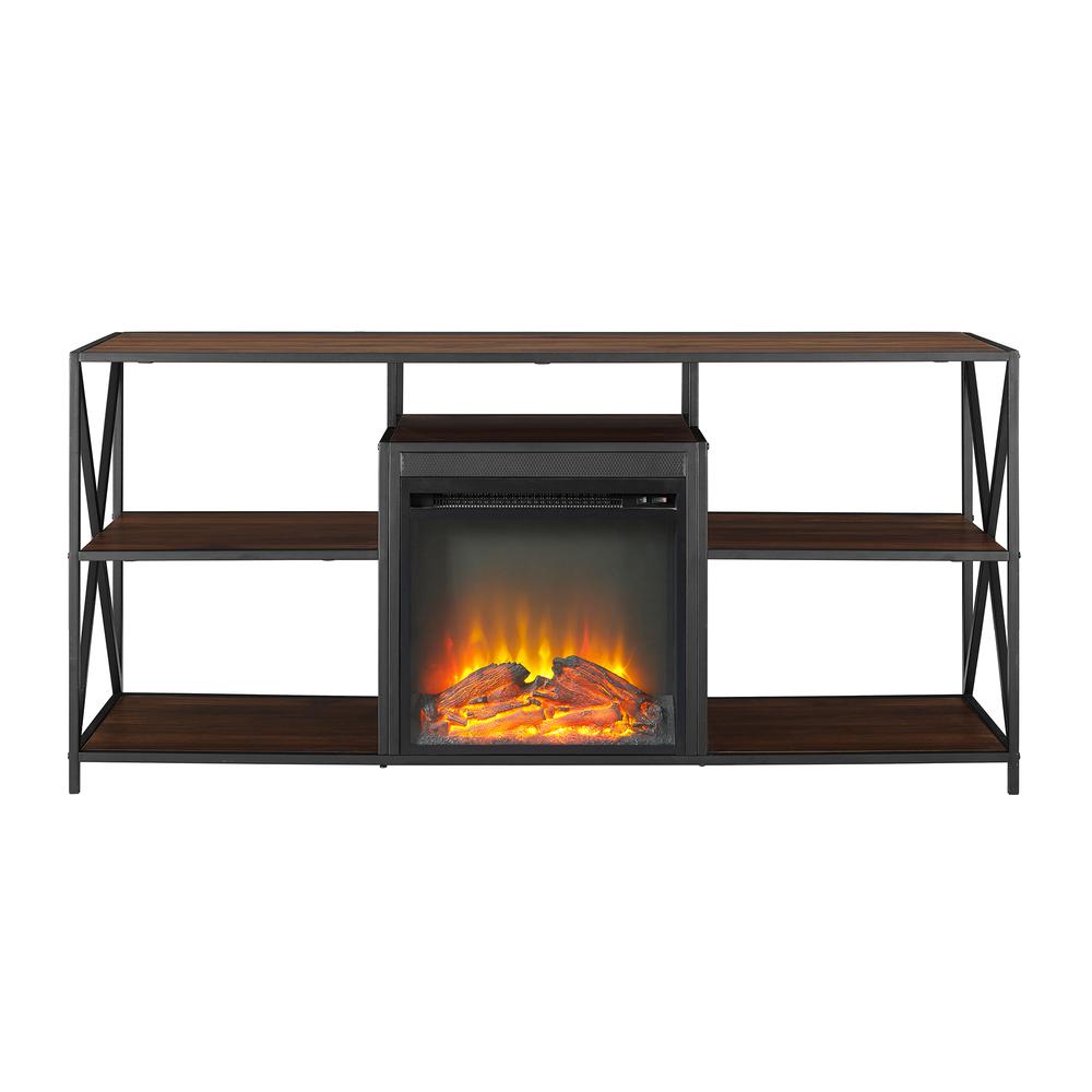 60" Urban Industrial X-Frame Open Shelf Fireplace TV Stand Storage Console - Dark Walnut. Picture 3