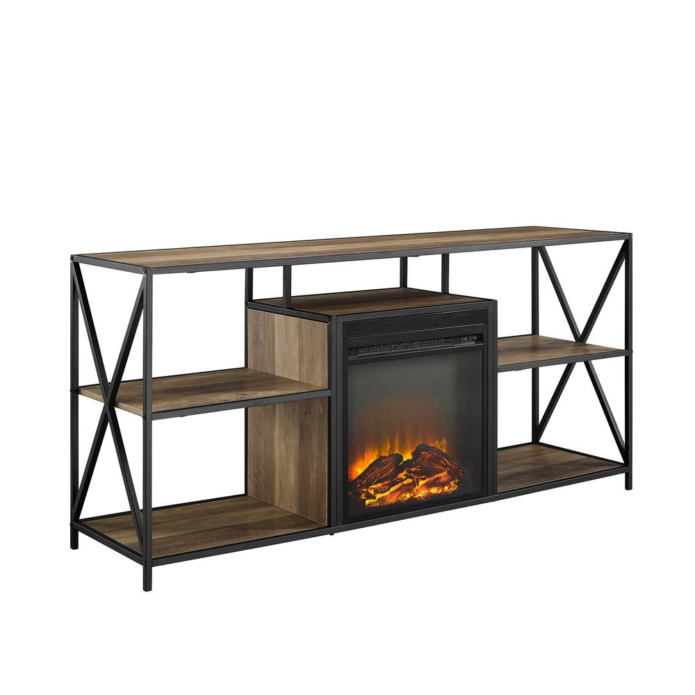 60" Urban Industrial X-Frame Open Shelf Fireplace TV Stand Storage Console - Rustic Oak. Picture 1