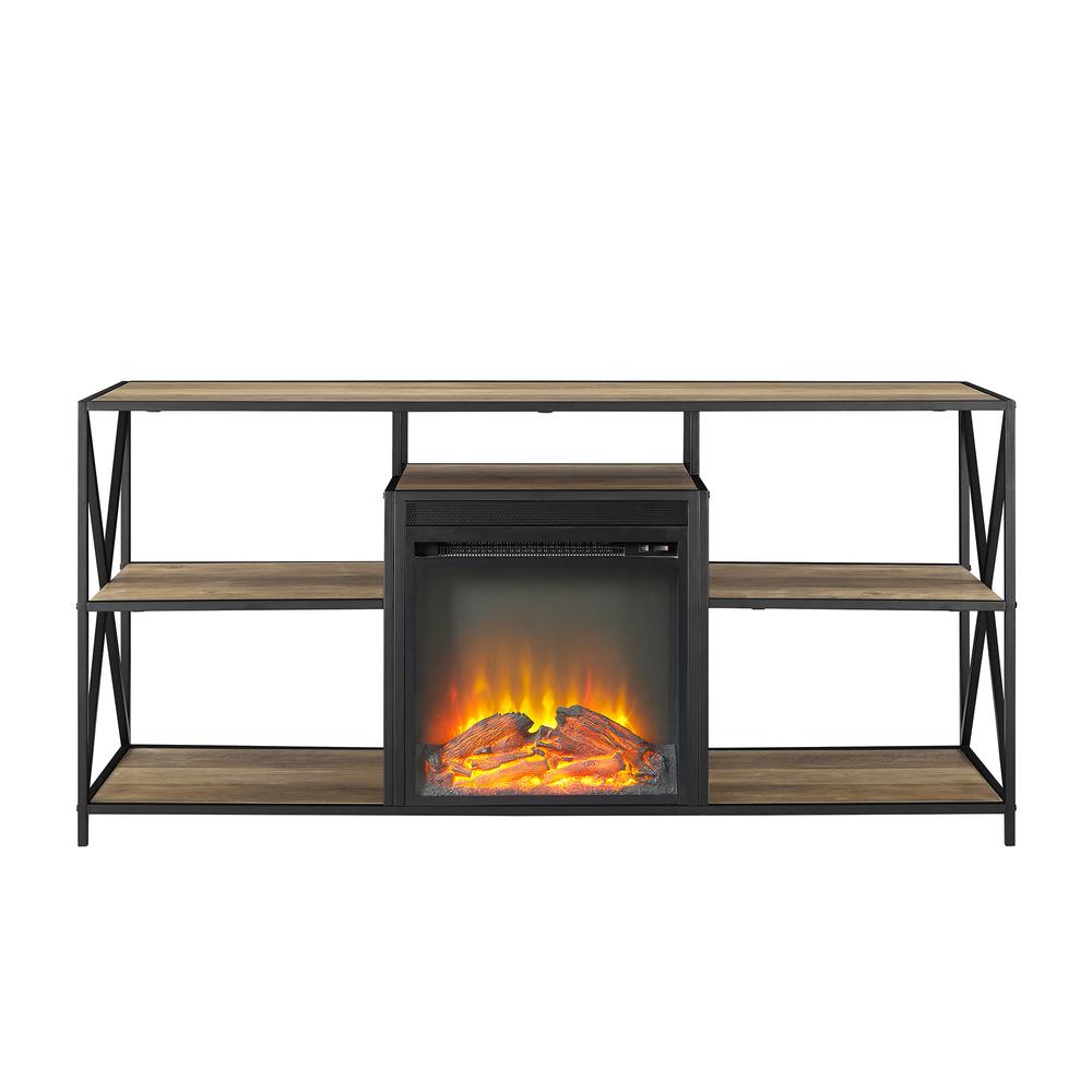 60" Urban Industrial X-Frame Open Shelf Fireplace TV Stand Storage Console - Rustic Oak. Picture 3