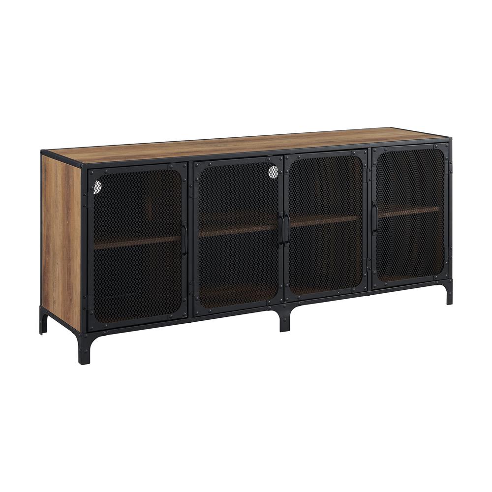 60" Urban Industrial TV Stand Storage Console with Metal Mesh Doors - Rustic Oak. Picture 1