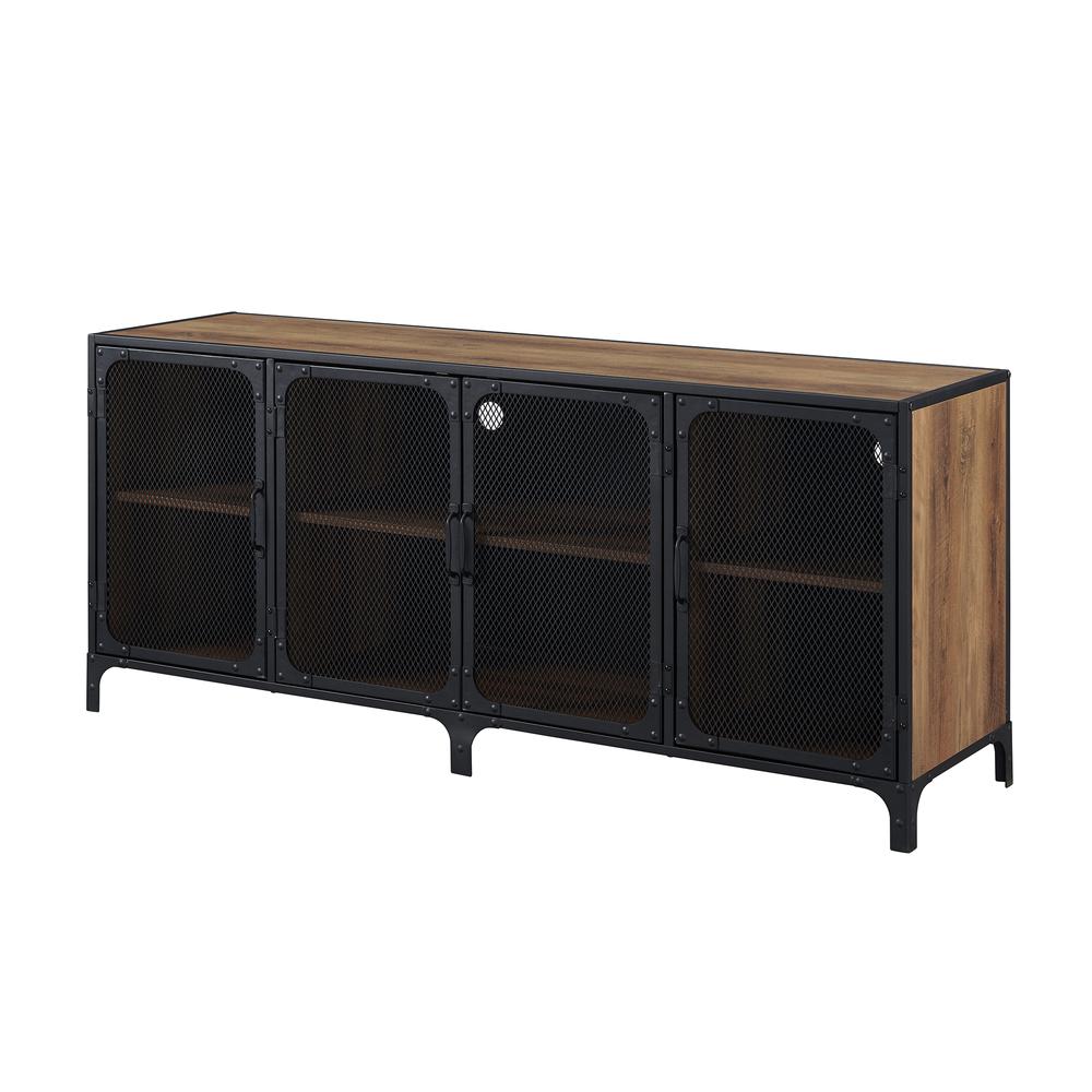 60" Urban Industrial TV Stand Storage Console with Metal Mesh Doors - Rustic Oak. Picture 4