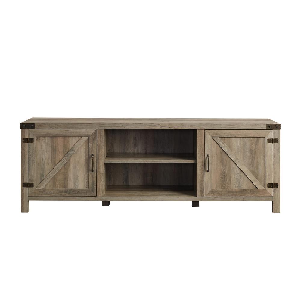 70" Rustic Farmhouse Barn Door Wood TV Stand - Grey Wash. Picture 2