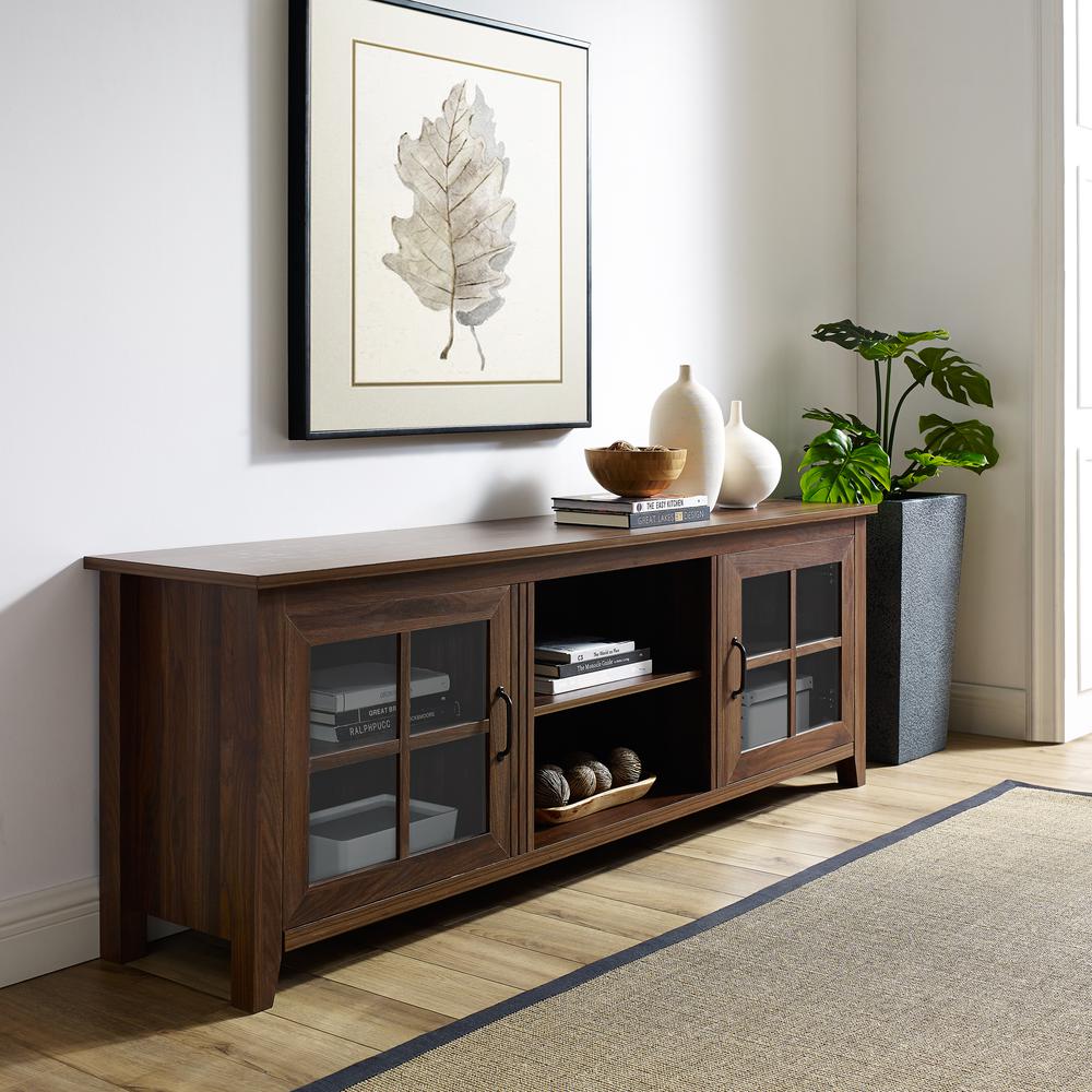 70" Farmhouse Wood TV Stand with Glass Doors- Dark Walnut. Picture 2