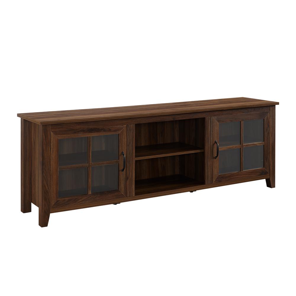 70" Farmhouse Wood TV Stand with Glass Doors- Dark Walnut. Picture 1