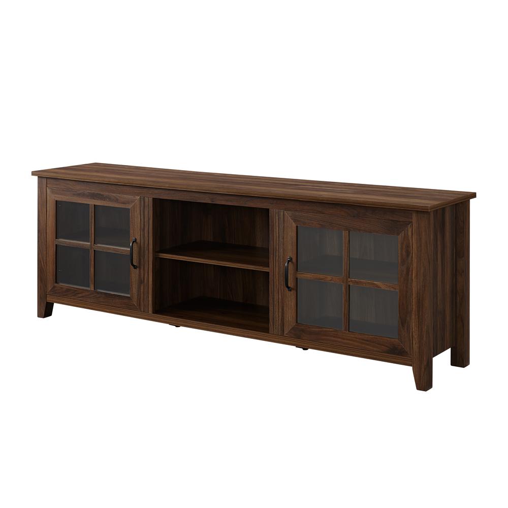 70" Farmhouse Wood TV Stand with Glass Doors- Dark Walnut. Picture 3