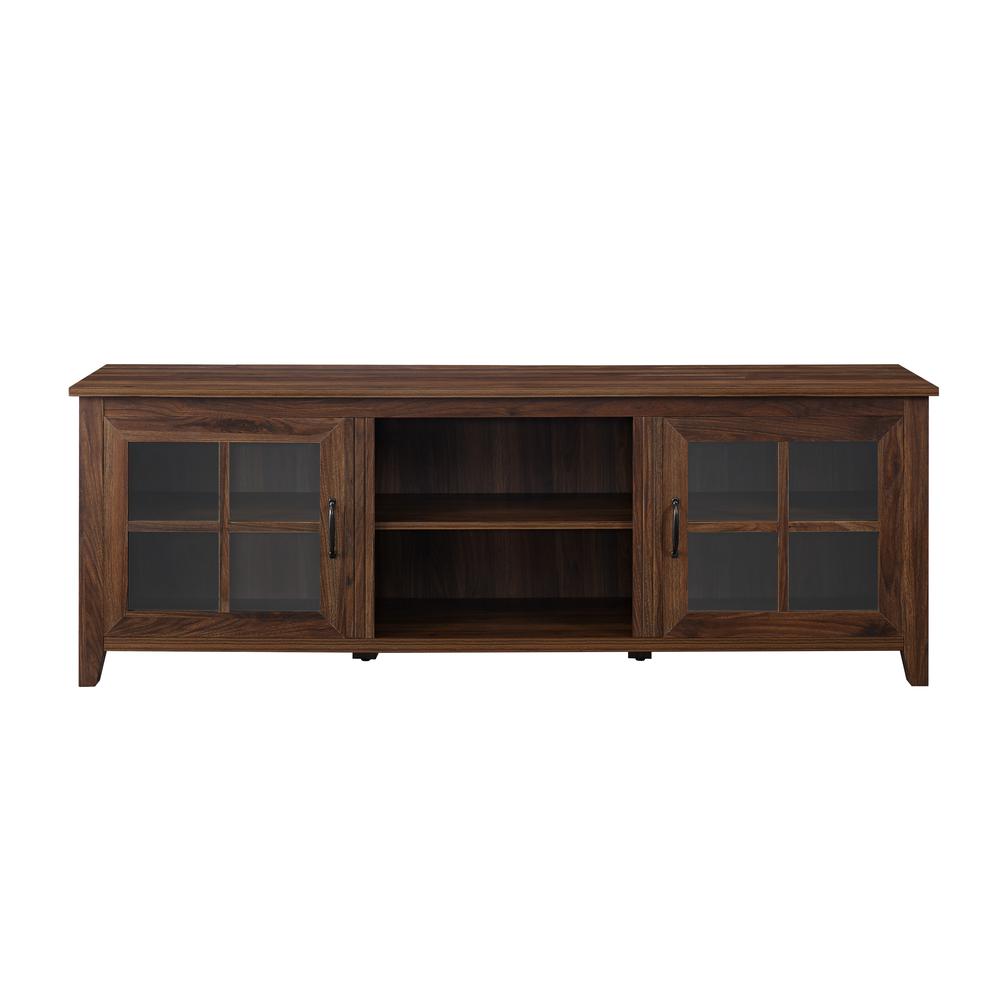 70" Farmhouse Wood TV Stand with Glass Doors- Dark Walnut. Picture 4