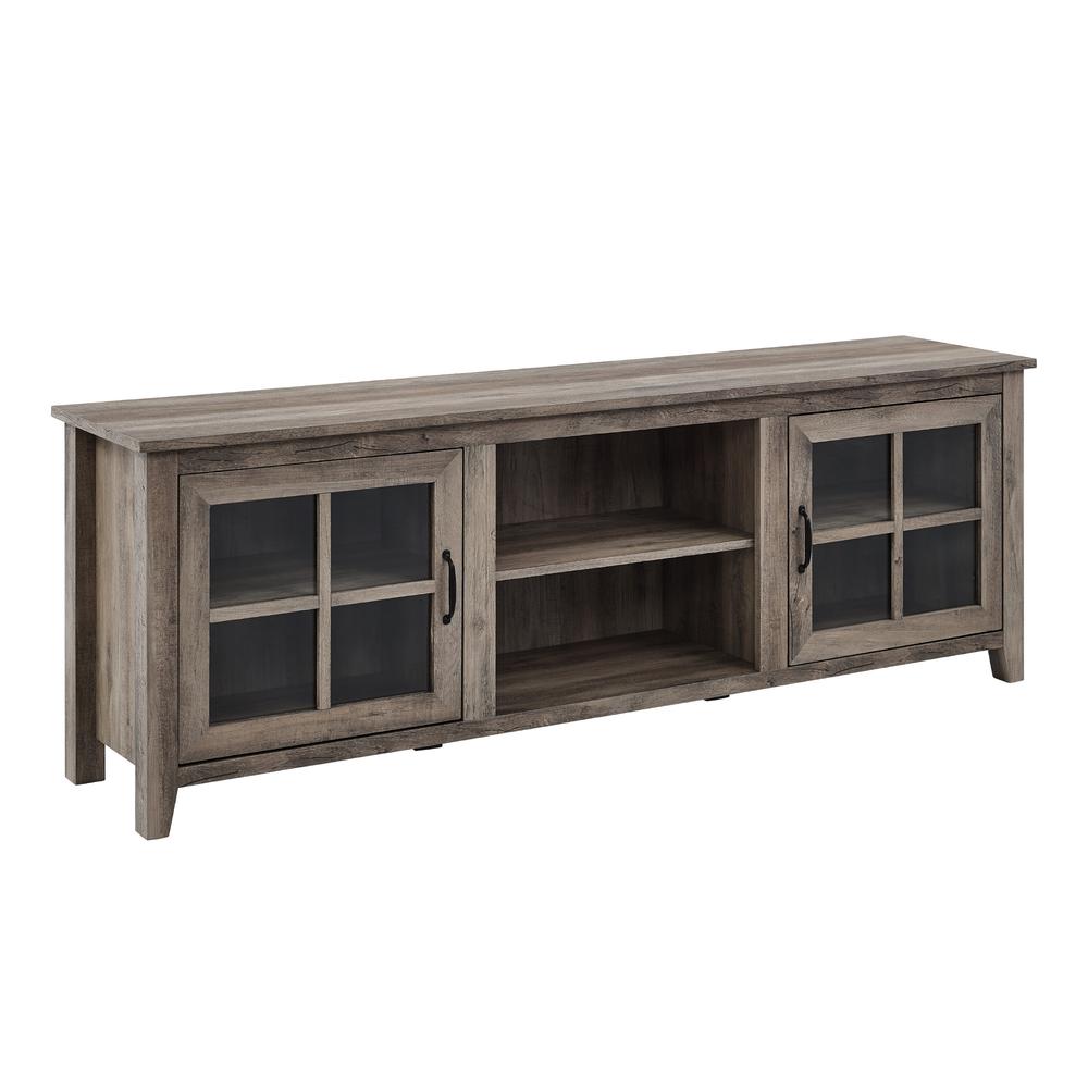 70" Farmhouse Wood TV Stand with Glass Doors- Grey Wash. Picture 2