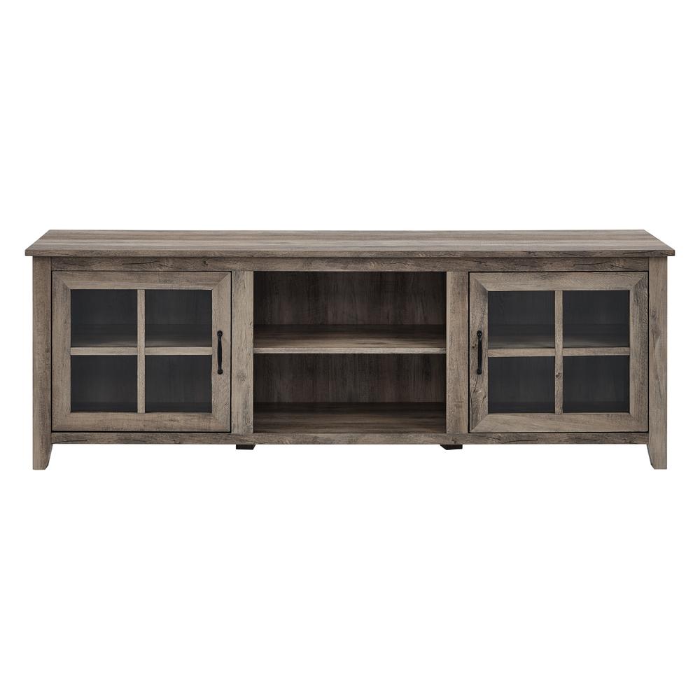 70" Farmhouse Wood TV Stand with Glass Doors- Grey Wash. Picture 5