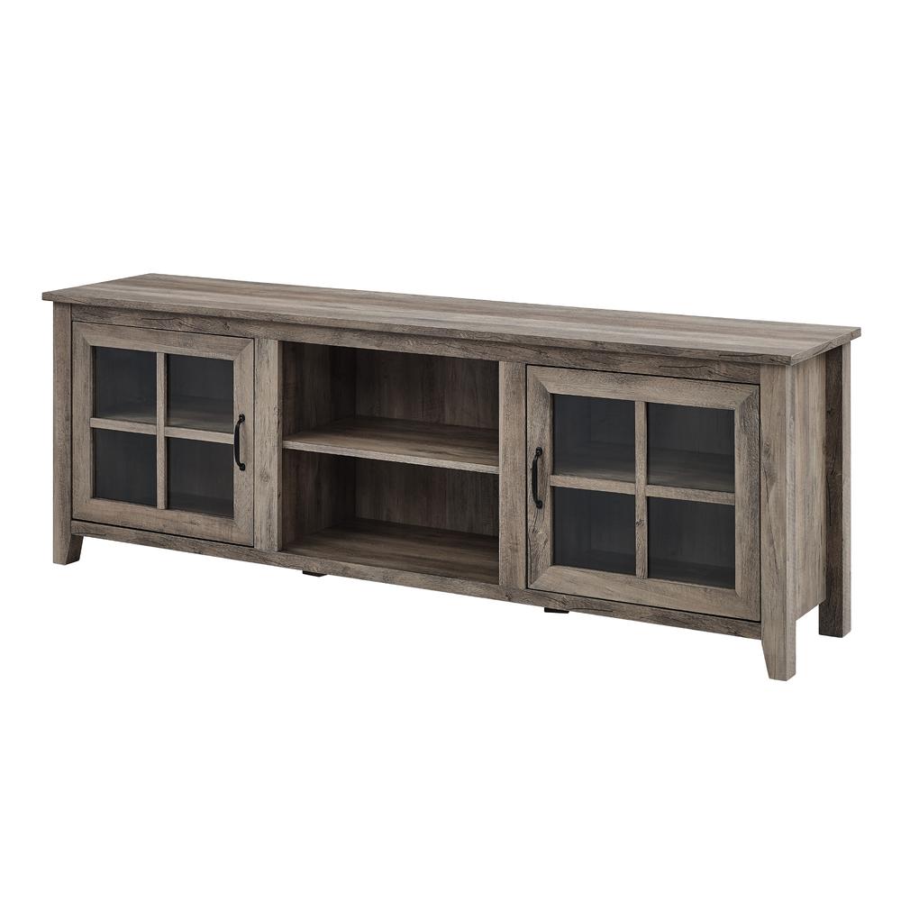 70" Farmhouse Wood TV Stand with Glass Doors- Grey Wash. Picture 8