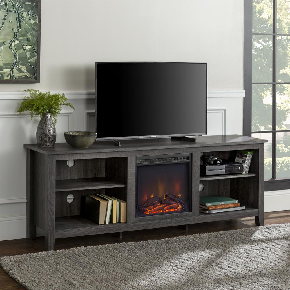 70" Wood Media TV Stand Console with Fireplace - Charcoal. Picture 2
