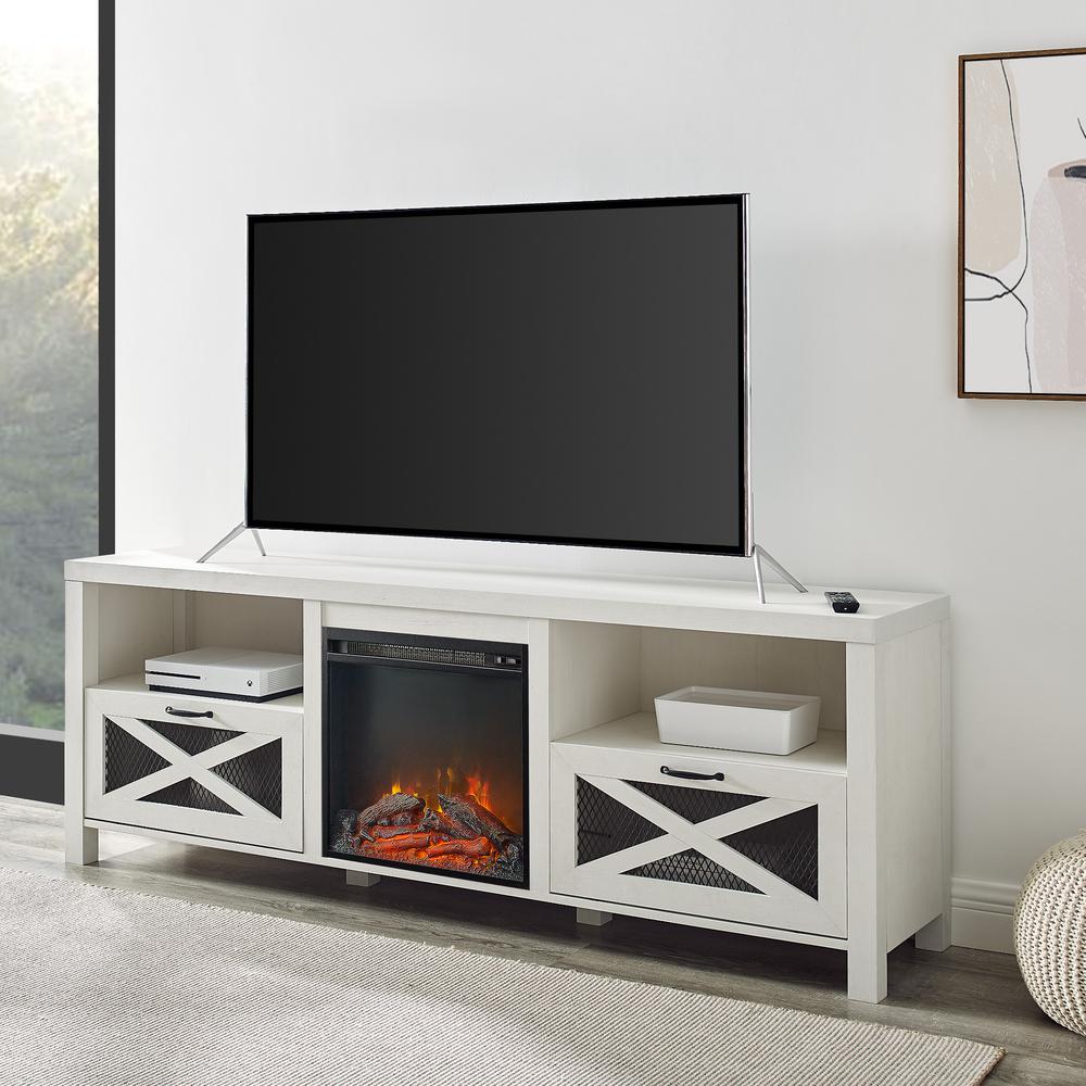 Farmhouse Drop Door Electric Fireplace TV Stand for TVs up to 80 Inches – Brushed White. Picture 2