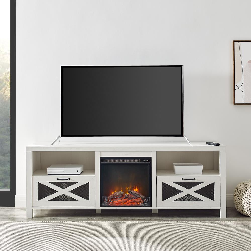 Farmhouse Drop Door Electric Fireplace TV Stand for TVs up to 80 Inches – Brushed White. Picture 3